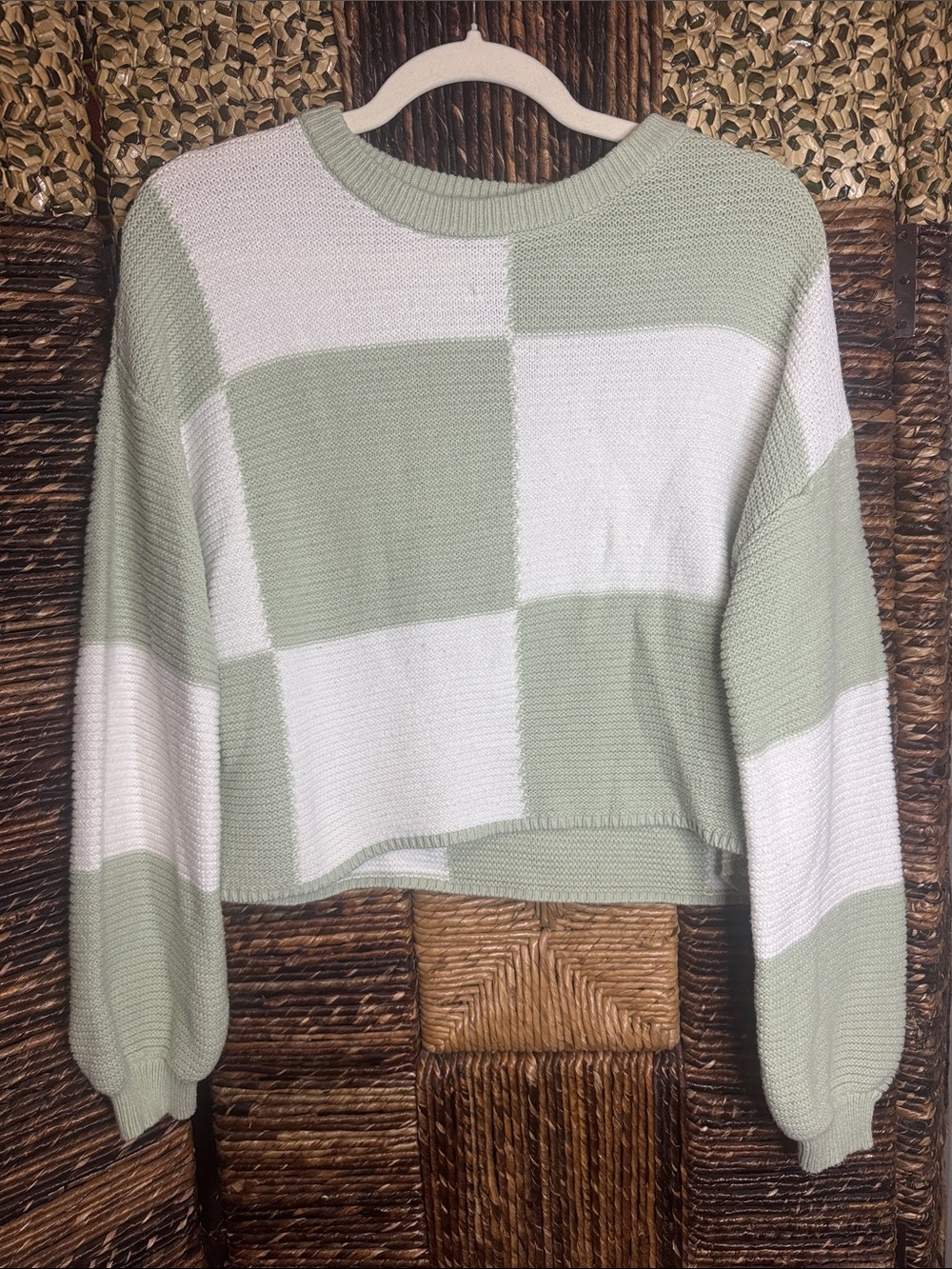 moon & madison Sage Green and White Check Cropped Sweater